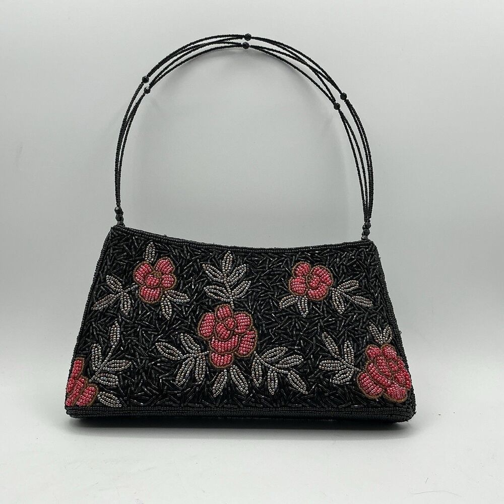 Vintage Black Beaded Floral Evening Purse Pink Rose Handbag Zipper Top